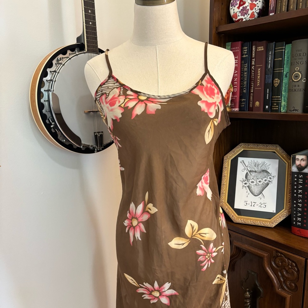Y2K VICTORIA SECRET Brown floral sheer chemise slip dress midi length SZ M - Picture 3 of 8